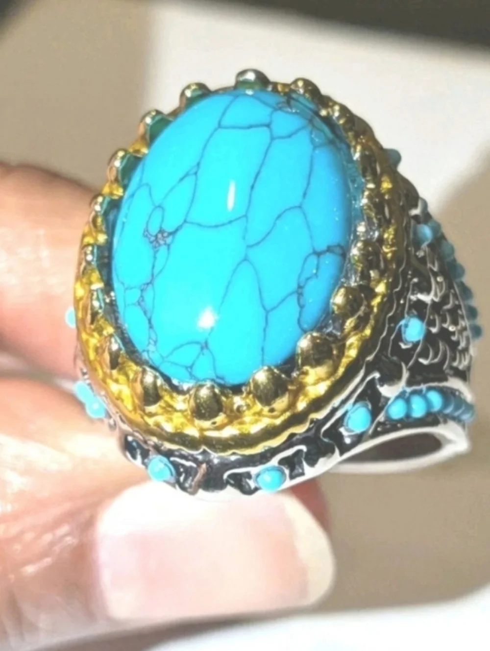 Retro Punk Style Ring Simulated Turquoise Two Tone Polished Statement Band Ring